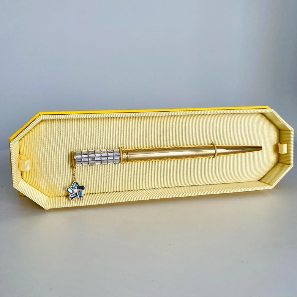 Swarovski Gold Crystal Pen with Blue Star Charm in Yellow Gift Box